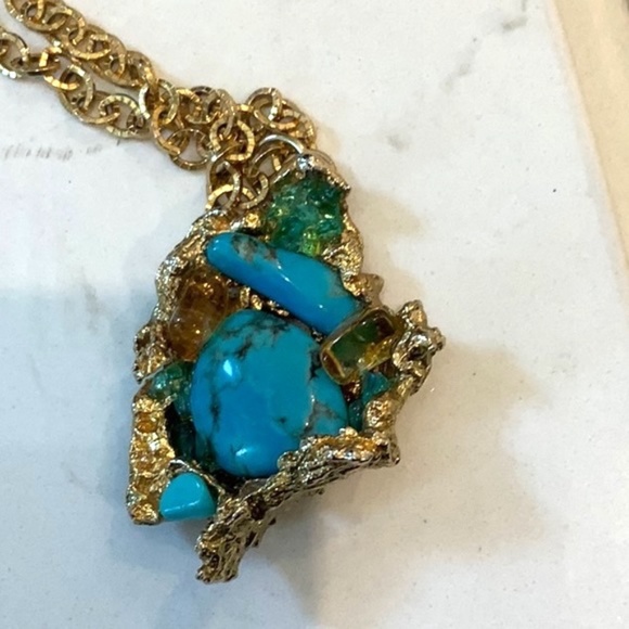 Large Turquoise Pendant Necklace Gold Tone Chain Pyrite Citrine Statement Big - Picture 1 of 6